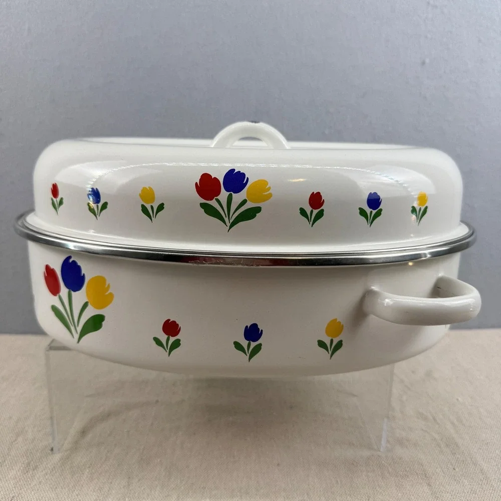 Vintage Floral Enamelware Roaster Pan‎ Tulip Cottagecore Farmhouse White 11